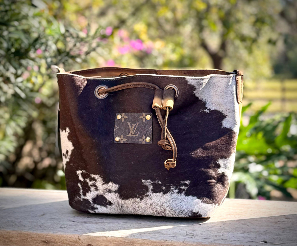 Upcycled LV Cowhide Leather Bucket Crossbody Shoulder Bag