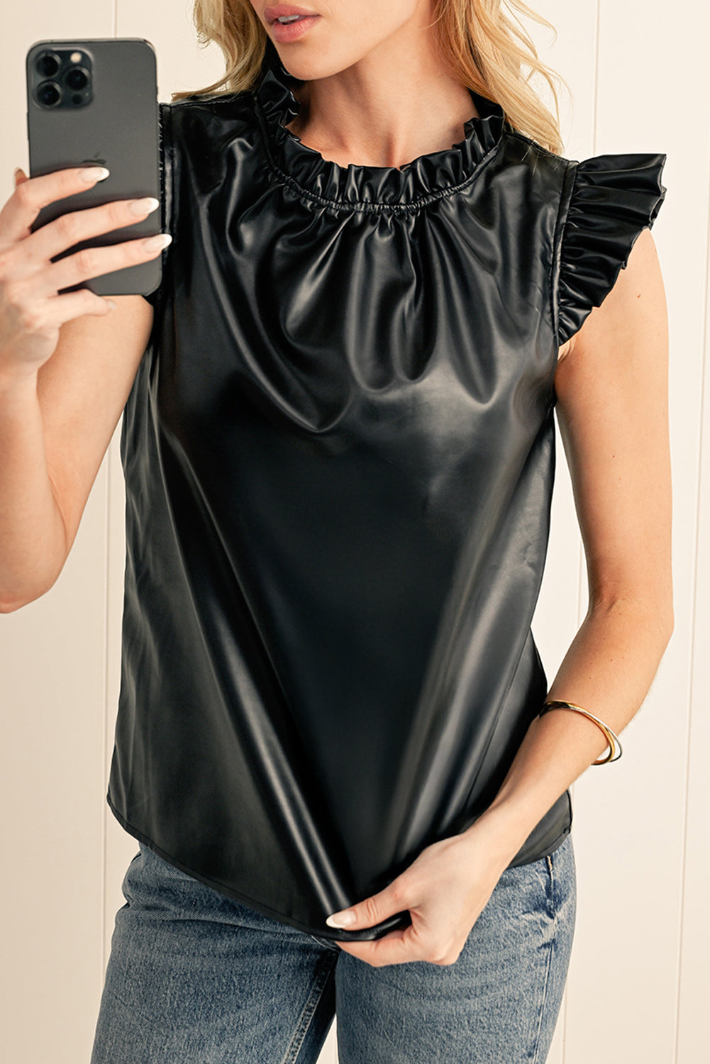 Solid Color Leather Frill Neck Ruffle Blouse