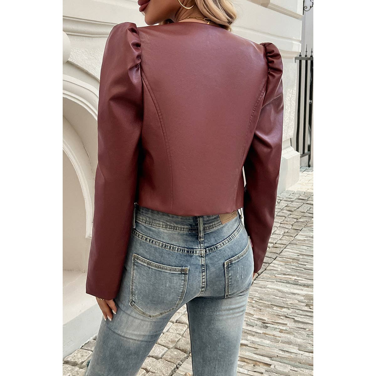 Solid Puff Sleeves Leather Cardigan Jacket