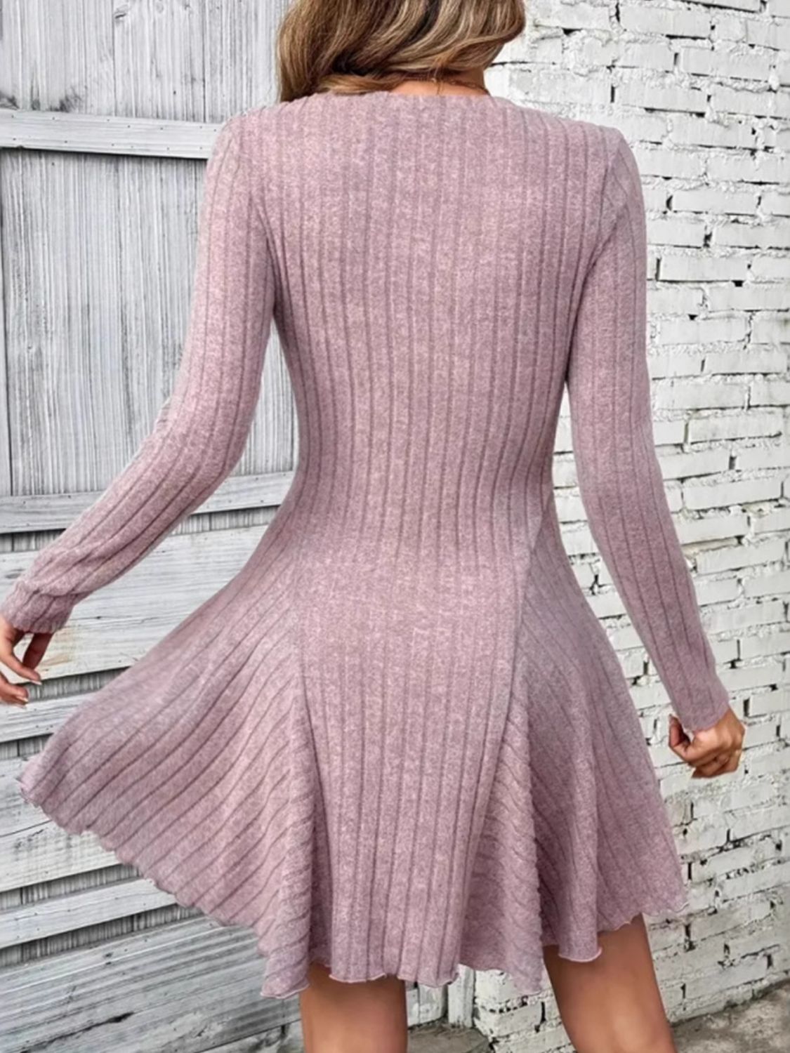 Dusty Pink Ribbed Round Neck Long Sleeve Mini Dress