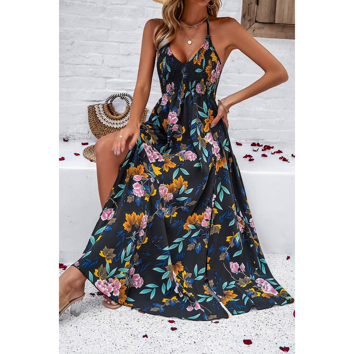 Floral Boho Tie Sleeveless High Waist Maxi Split Dress