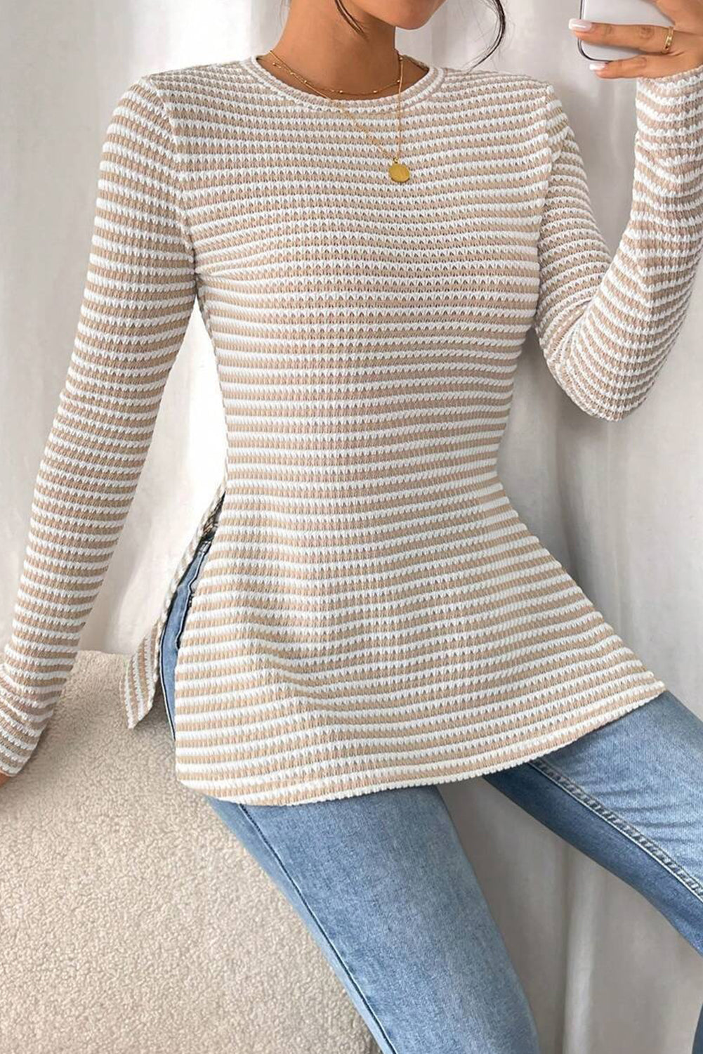 Jet Stream Striped Side Slit Round Neck Sheer Long Sleeve Top