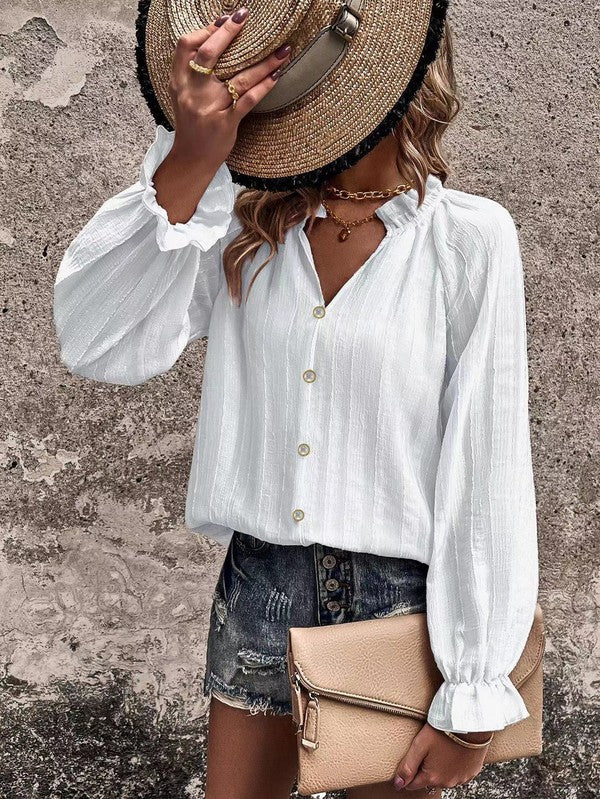Ruffled Sleeve Front Button Blouse
