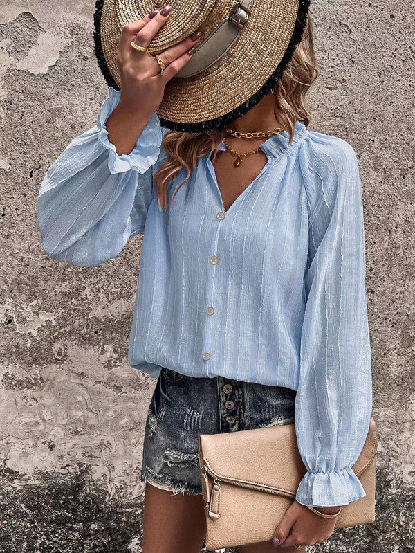Ruffled Sleeve Front Button Blouse