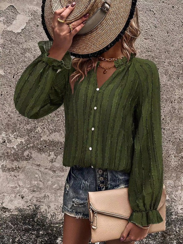 Ruffled Sleeve Front Button Blouse