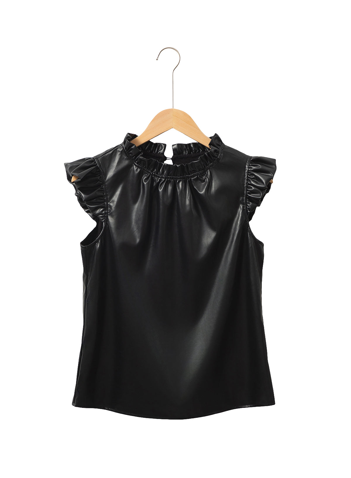 Solid Color Leather Frill Neck Ruffle Blouse