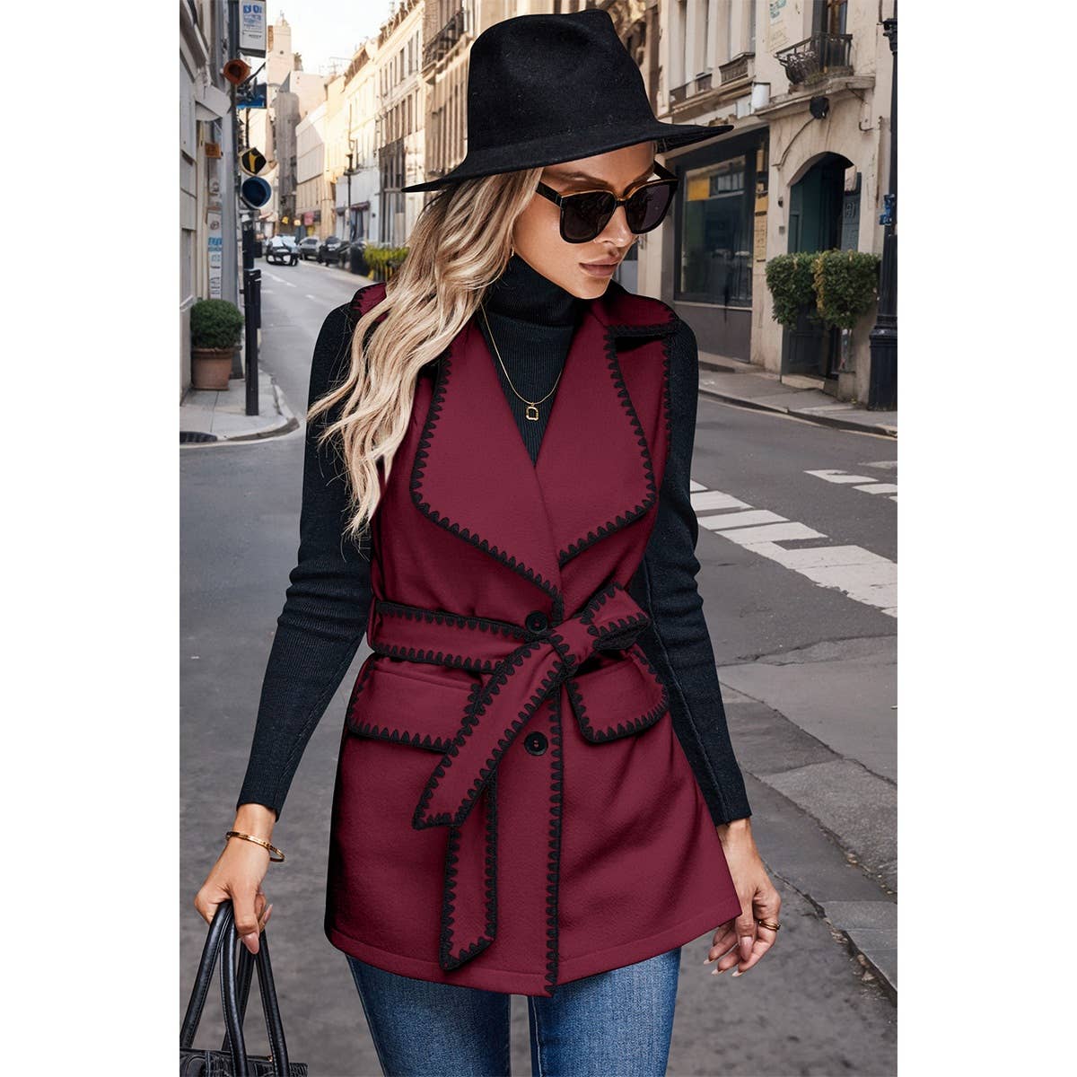 Color Block Tie Waist Button Down Vest