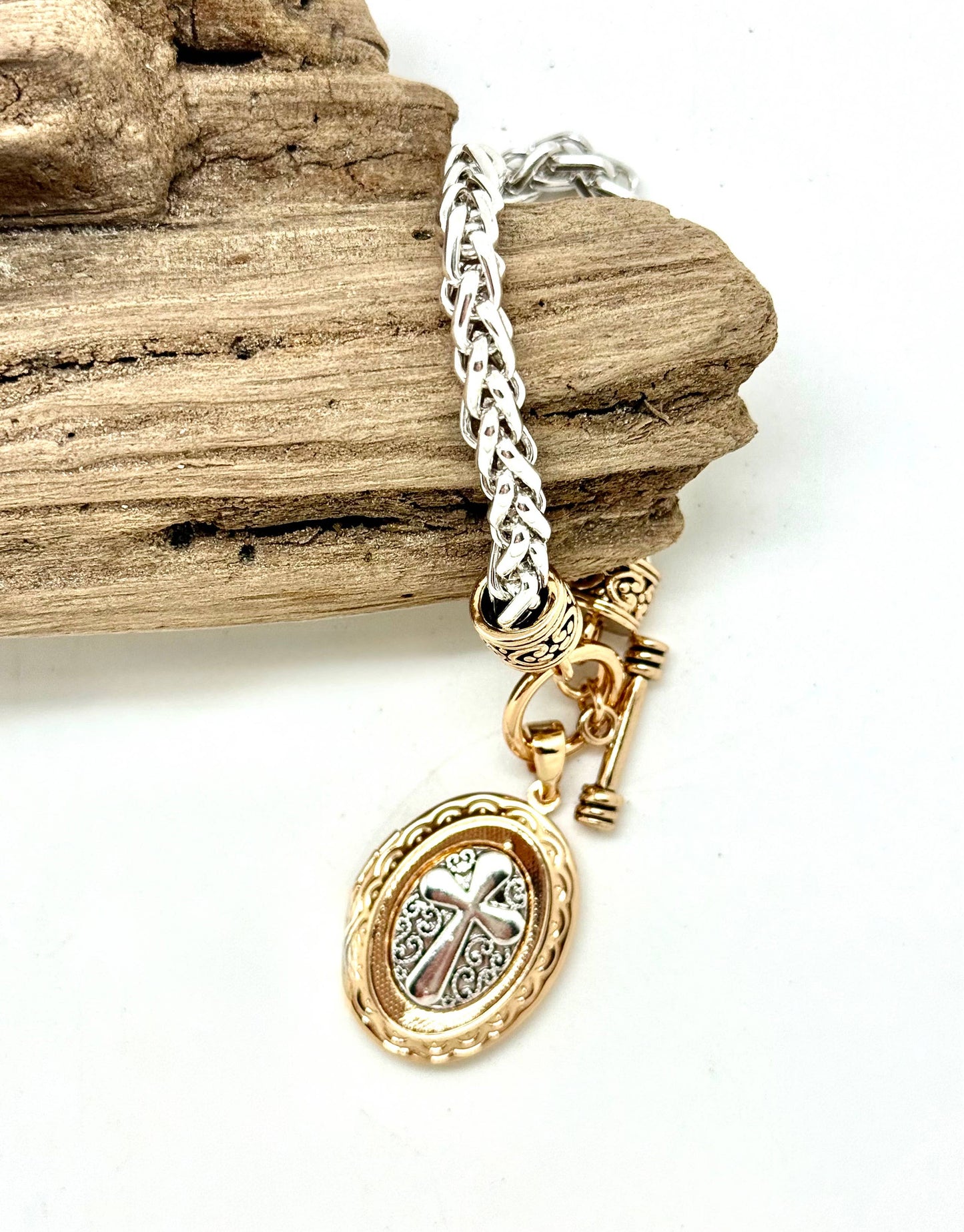 Bracelet Alloy Plated Silver Chain w/Gold Cross Locket 7”