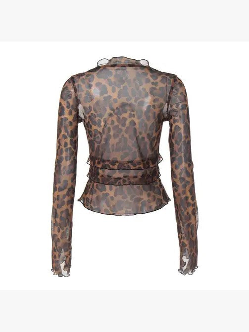 Print Mesh Leopard ruffled top