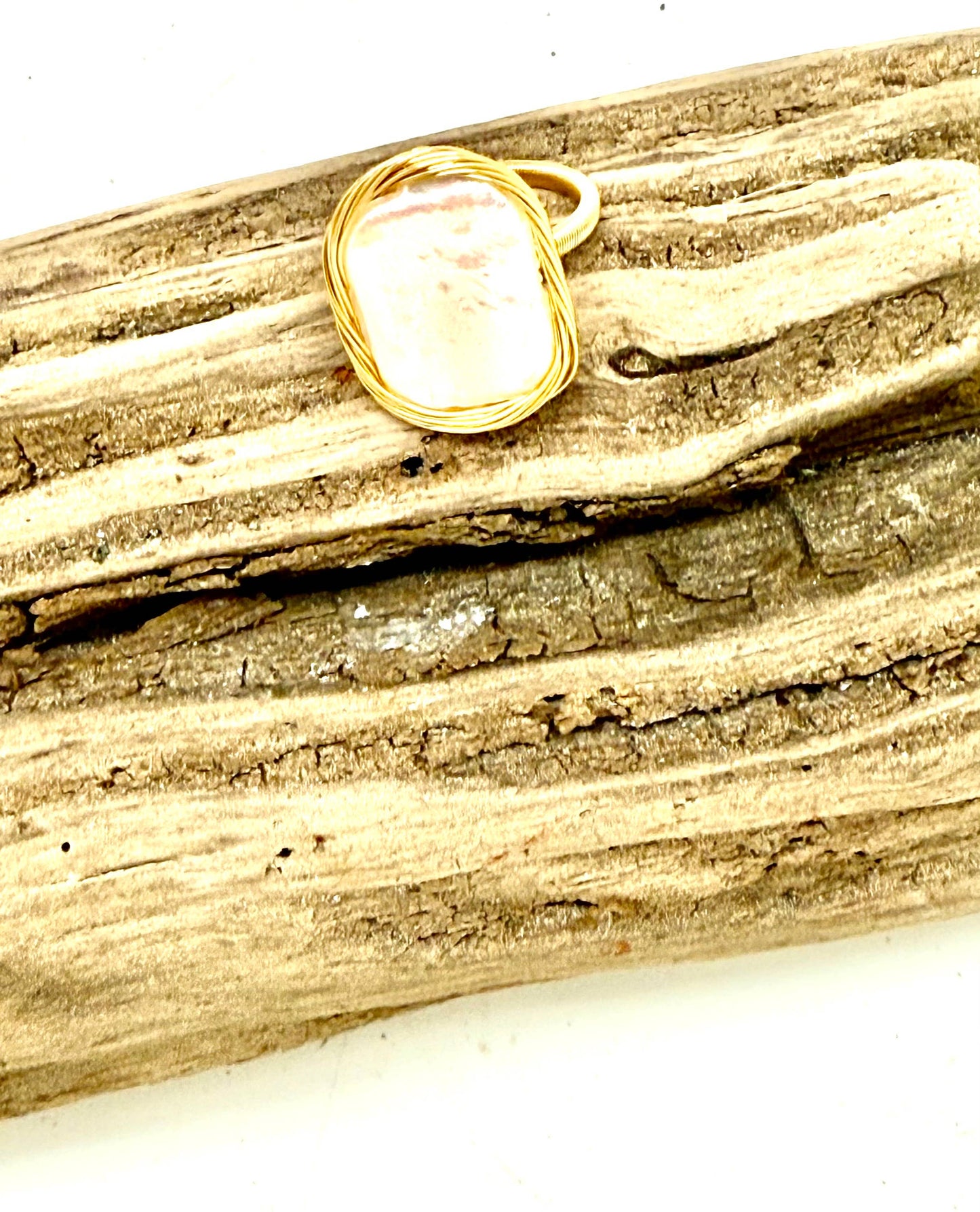 Ring 14k Gold Plated Wire with Rectangle CoinPearl Adjustabl