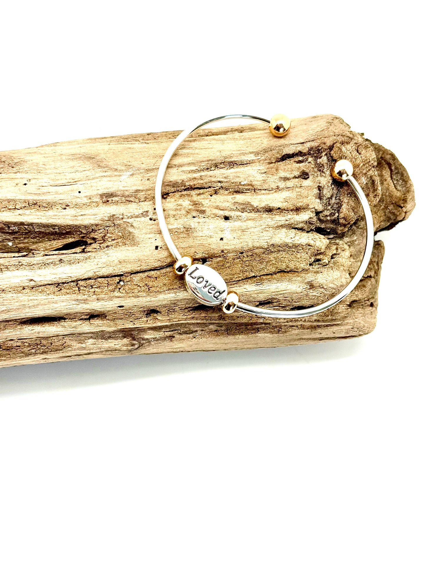 Silver Cuff w/gold tips, Love medallion, anti-tarnish finish