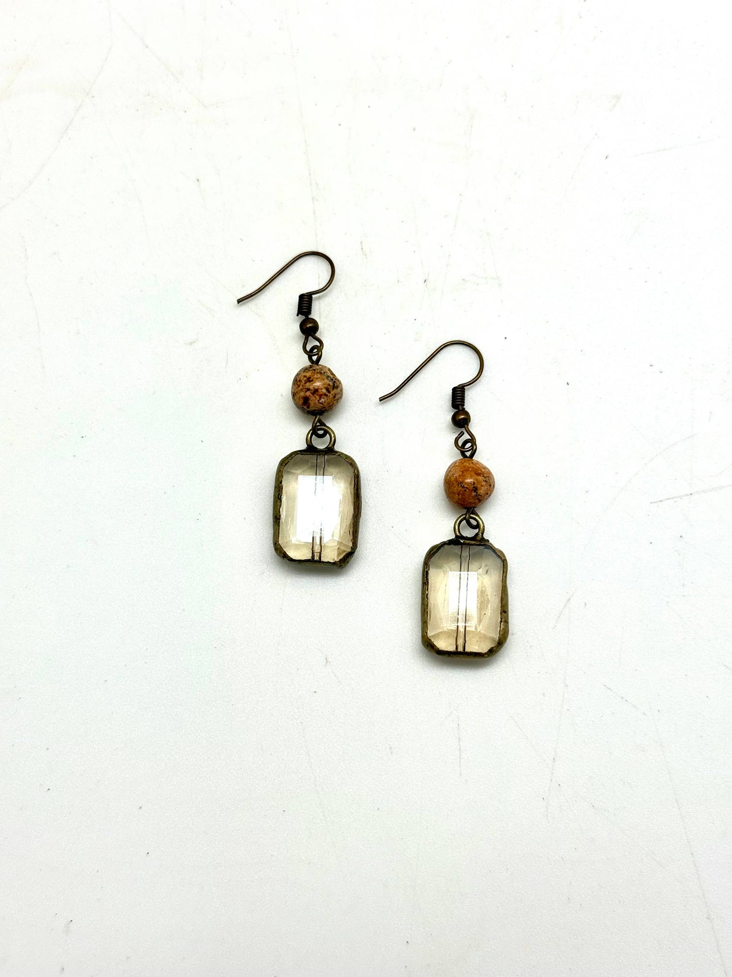 Earring Picture Jasper w/Beveled Sq.Glass Drop Antique Gold