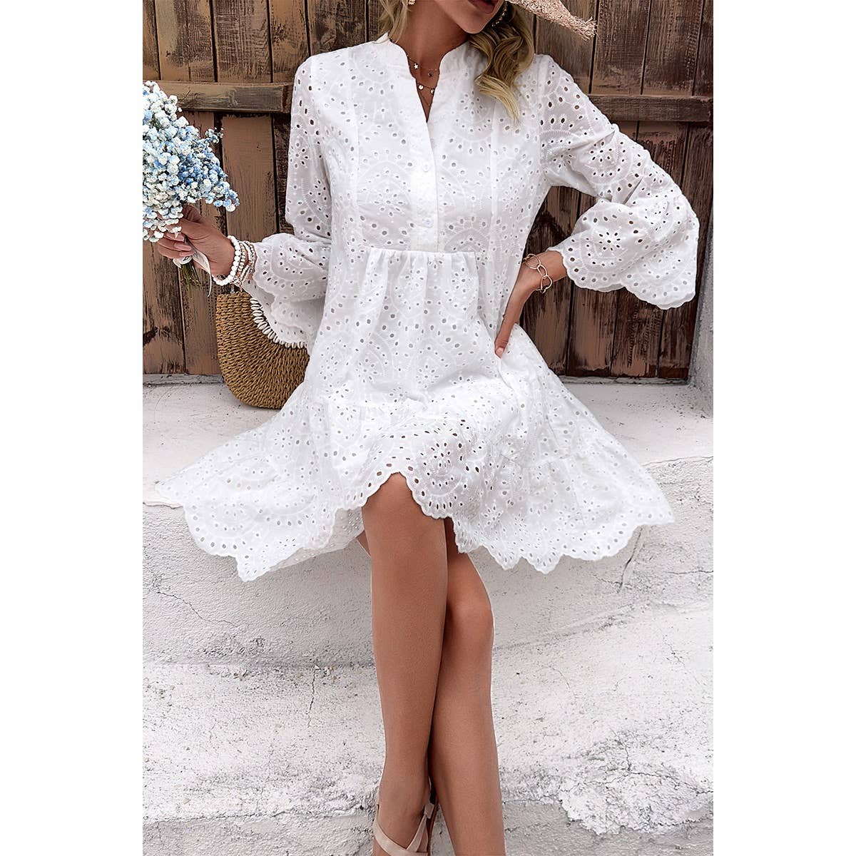 V Neck Button Flared Sleeves Hollow Out Lace Dress