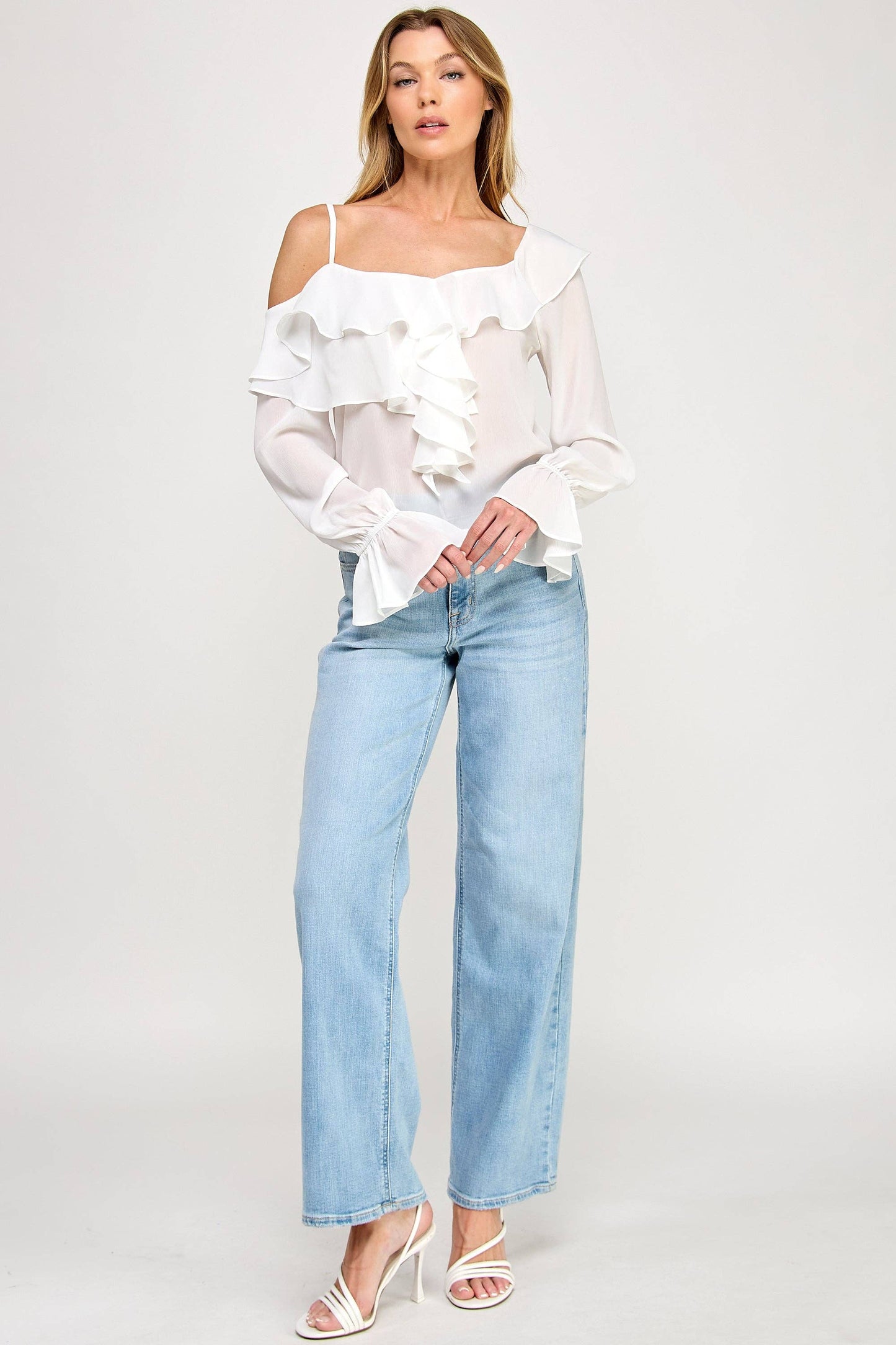 Ava Long Sleeve Top - Off Shoulder Ruffle Sheer