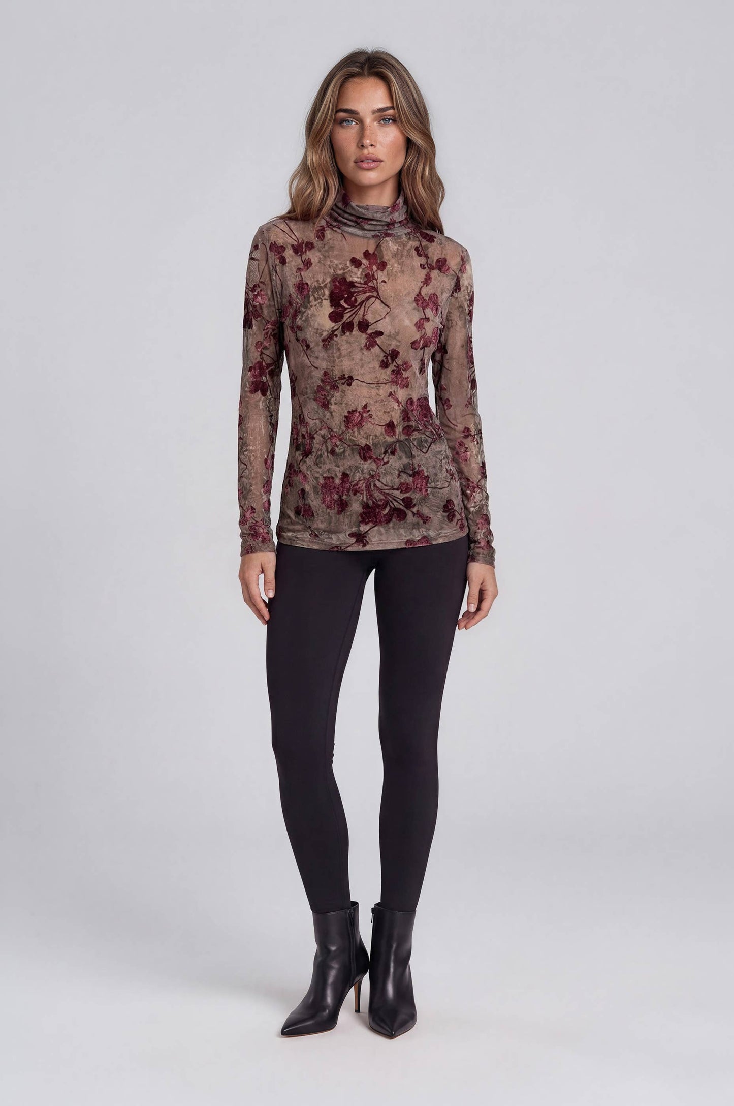 Floral Velvet Burnout Cowl Neck Top