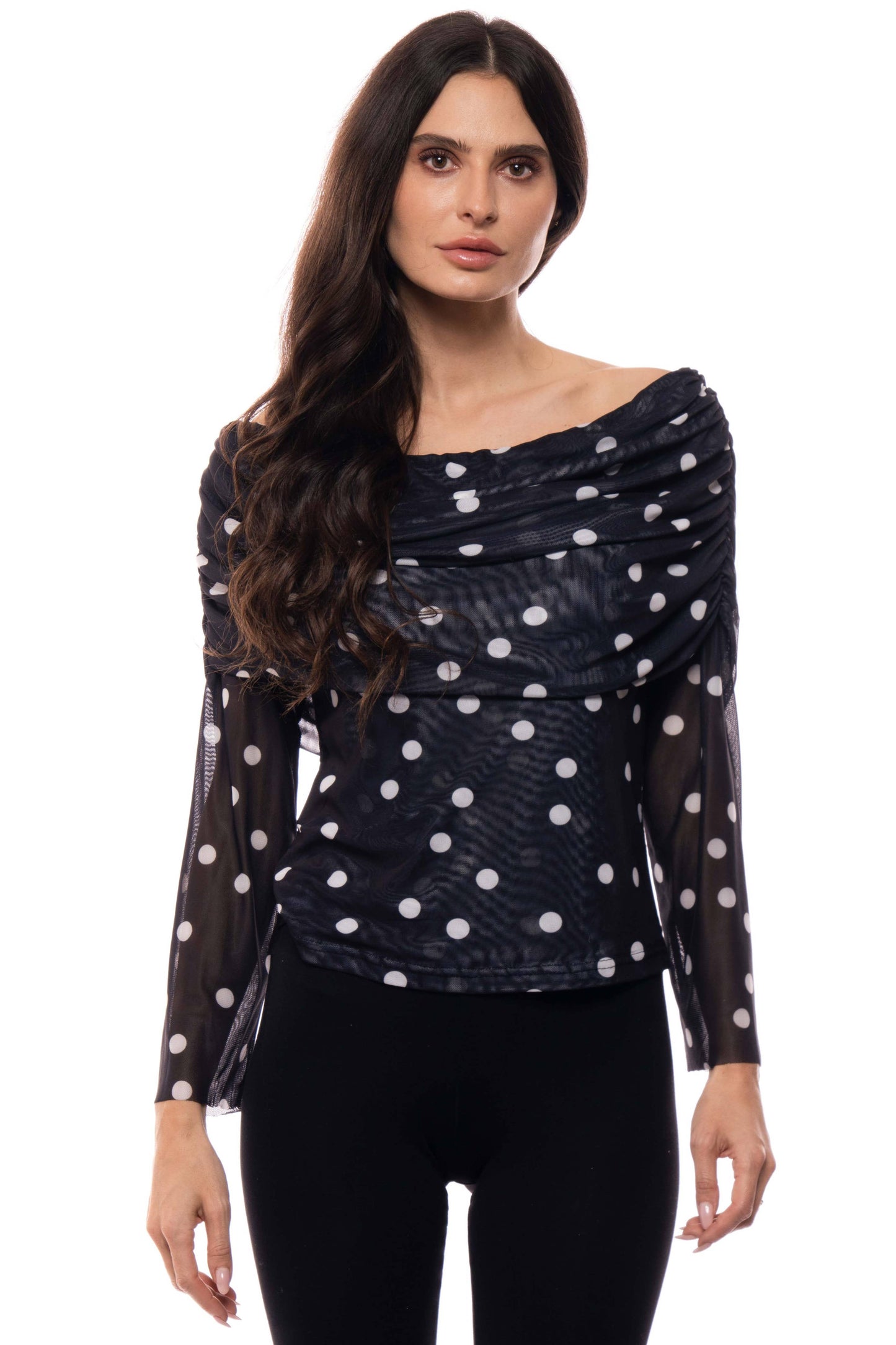 A646-A Polka Dot Off-Shoulder Mesh Top