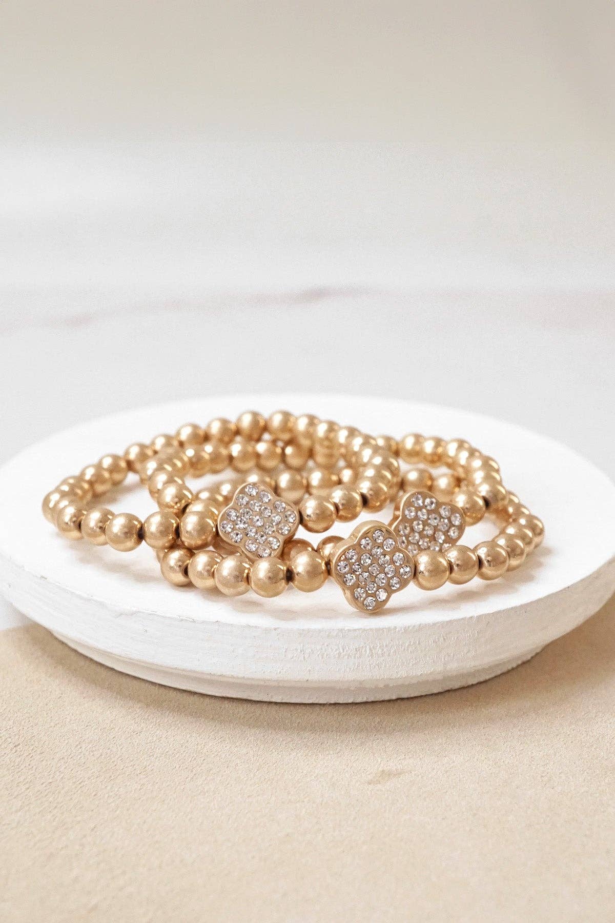Worn Gold tone Crystal Clover ball beads bracelets stack
