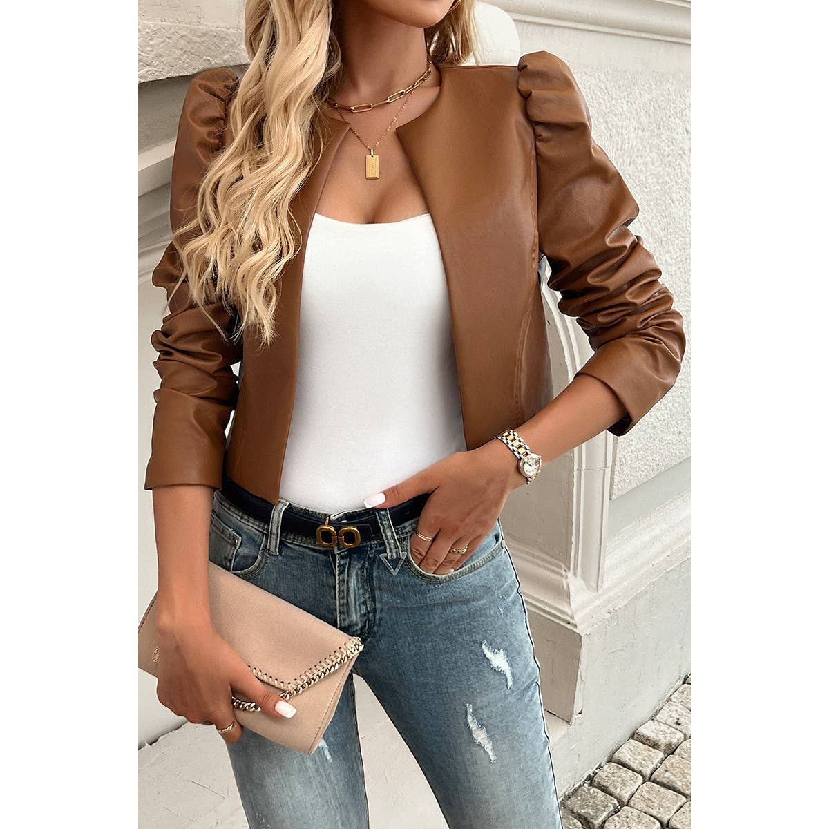 Solid Puff Sleeves Leather Cardigan Jacket