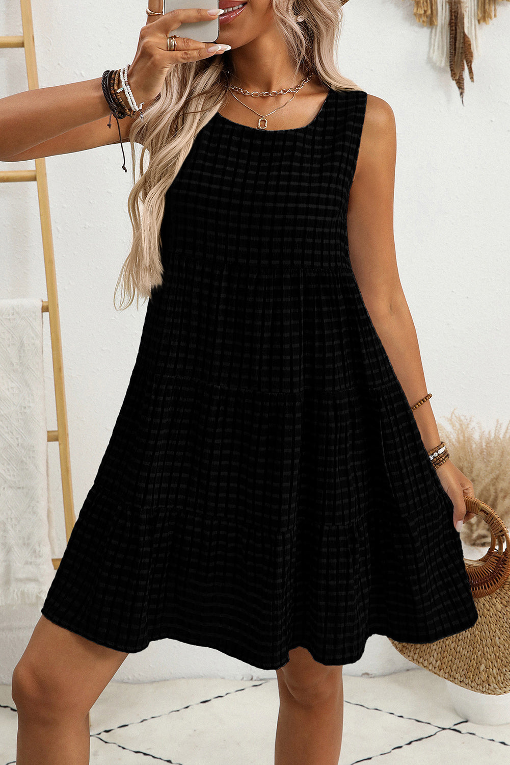 Pink Gingham High Waist Sleeveless Mini Dress