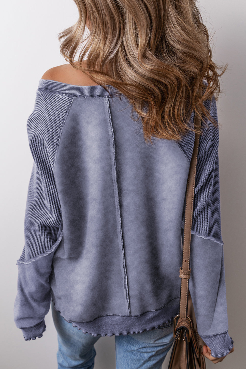 Orchid Petal Waffle Patchwork Raglan Sleeve Exposed Seam Sweatshirt