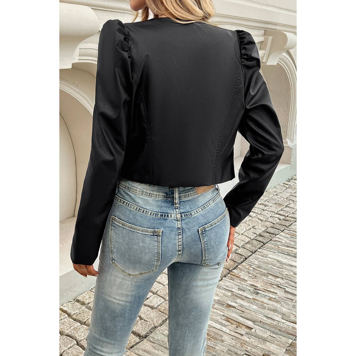 Solid Puff Sleeves Leather Cardigan Jacket