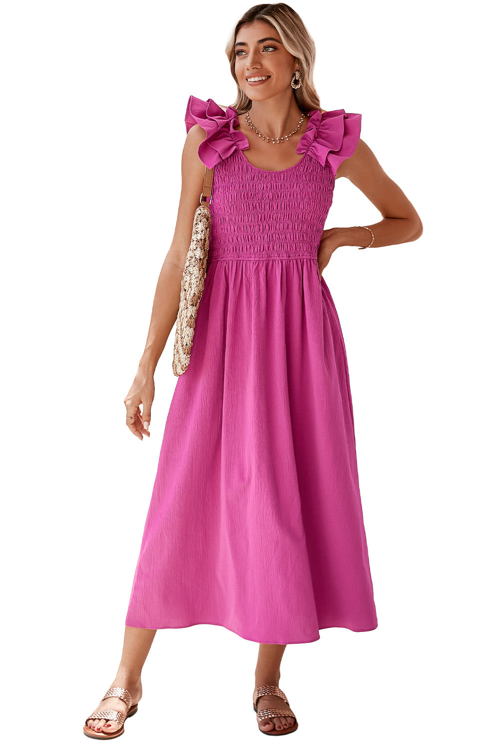 Ruffle Strap Smocked Midi Dress