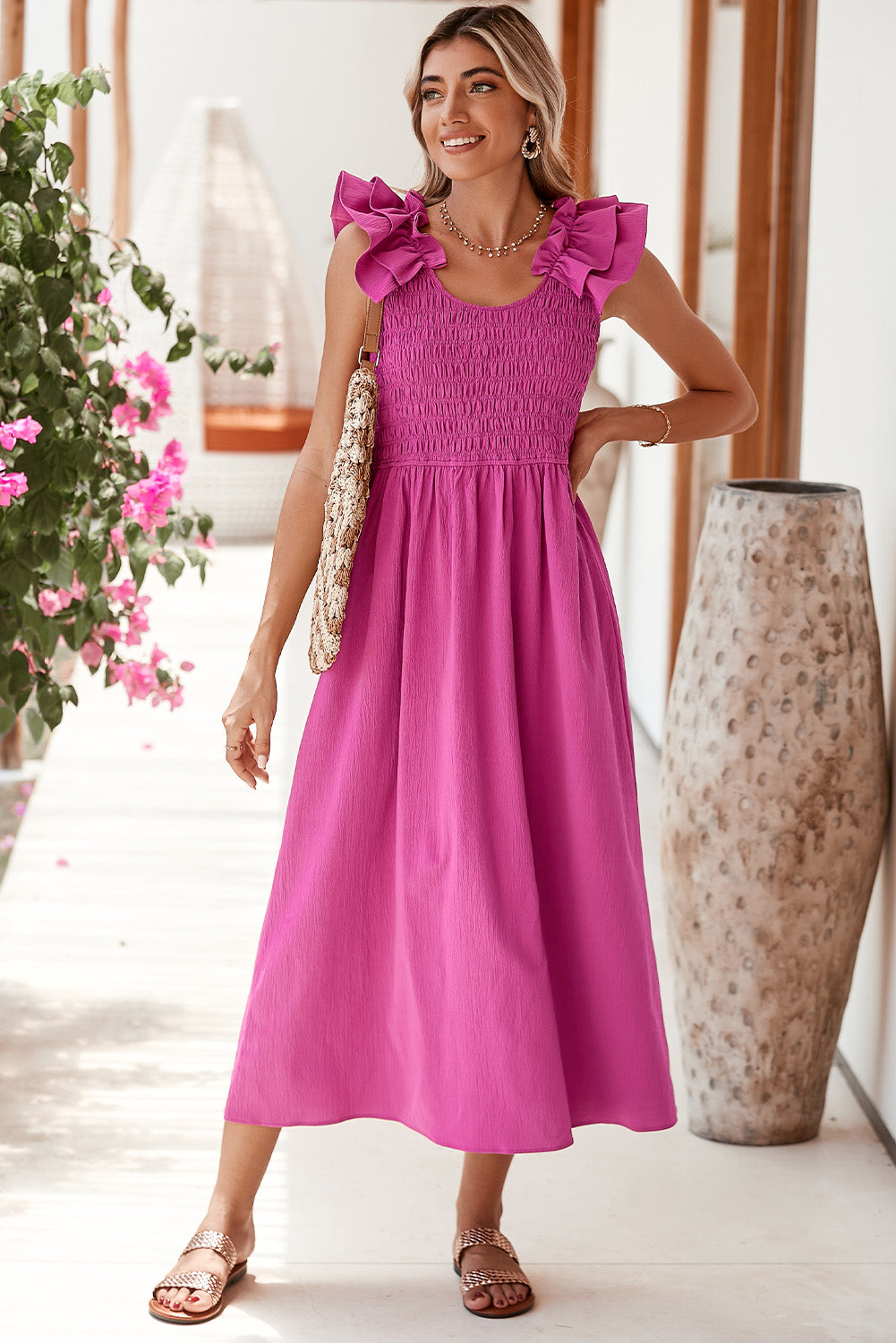 Ruffle Strap Smocked Midi Dress
