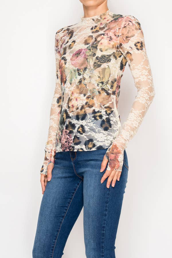 Sheer Flower Lace Mesh Long Sleeve Top