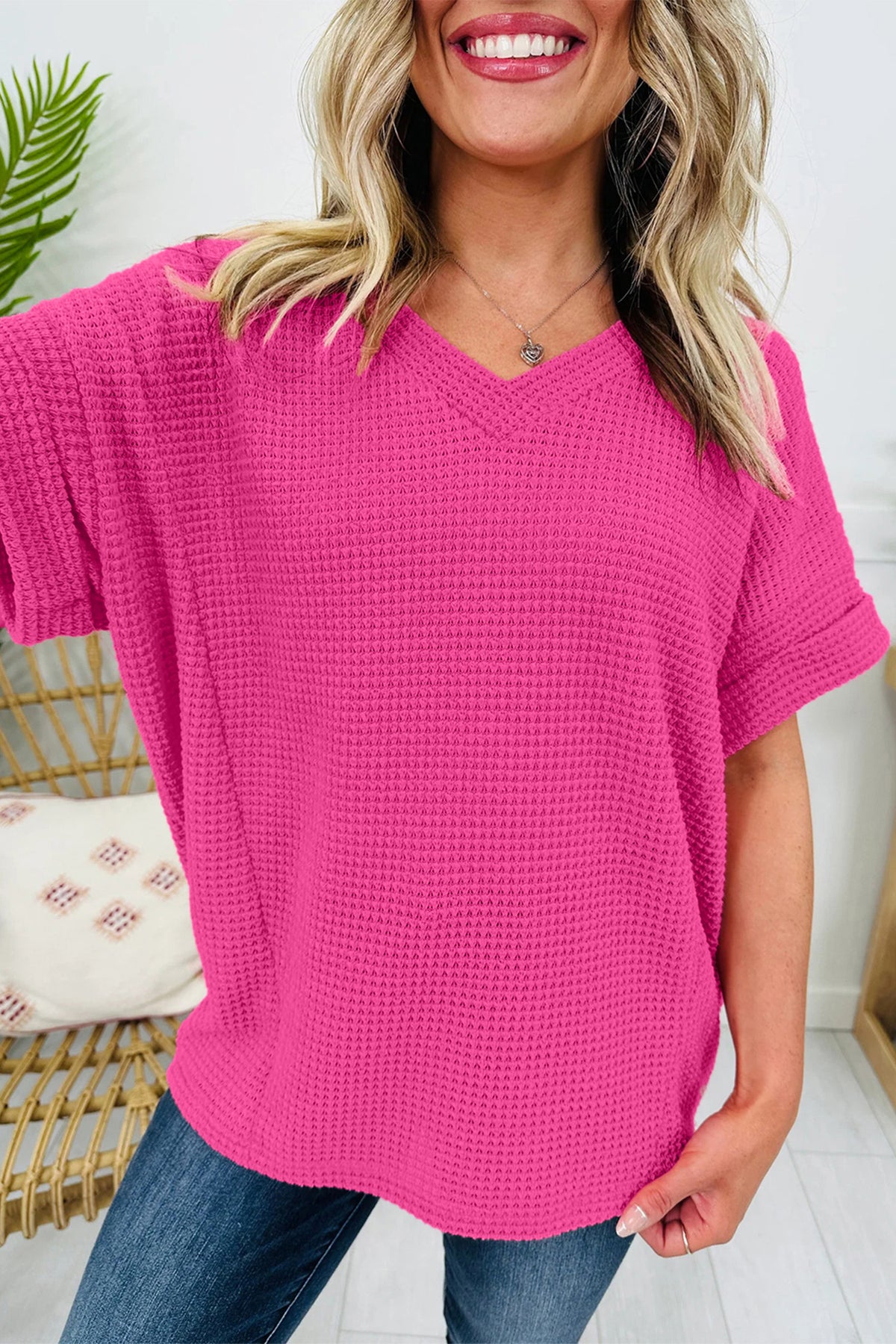 Grapefruit Orange Waffle V Neck Short Sleeve Knit Top