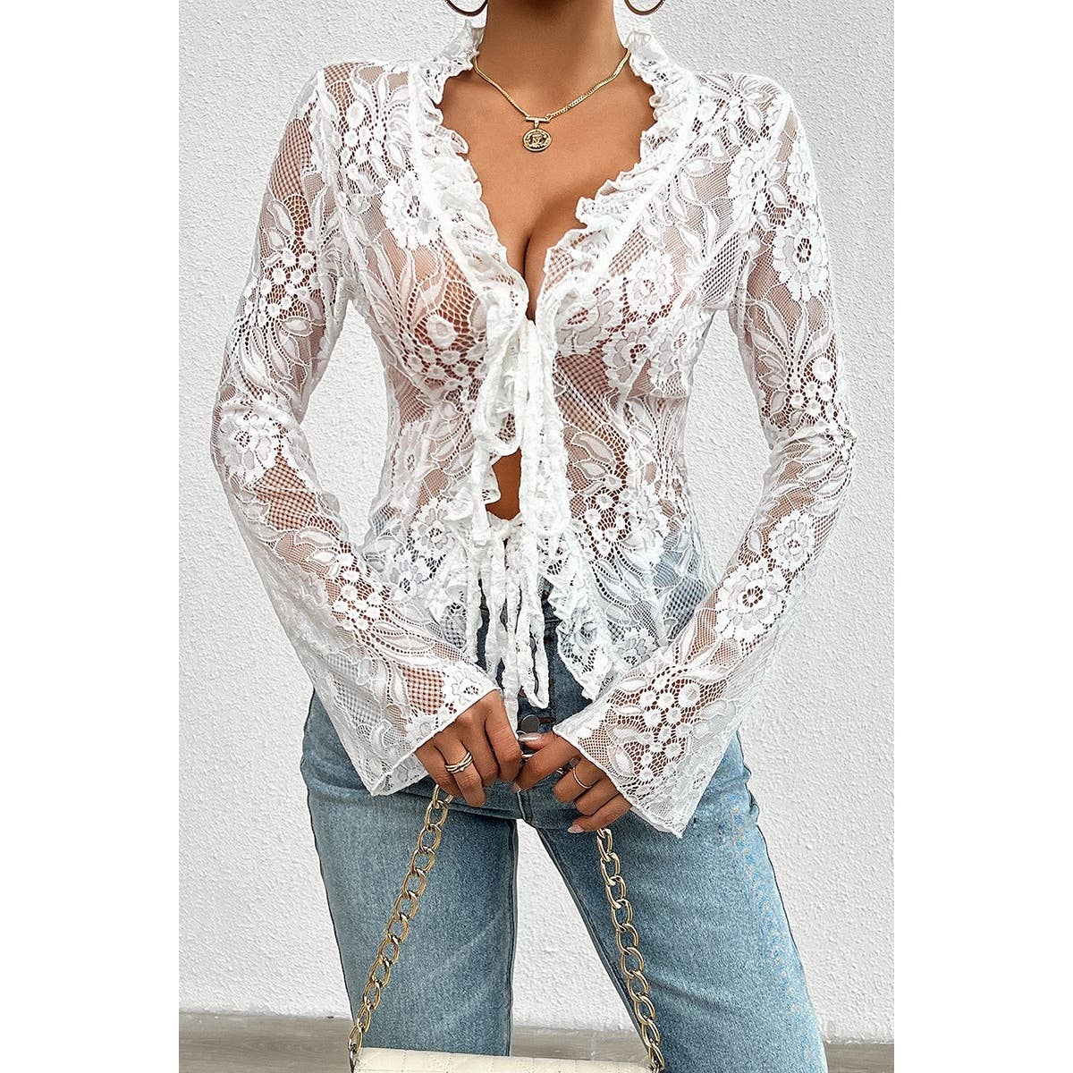 Hollow Out Lace Solid Knot Wrap Ruffle Hem Top