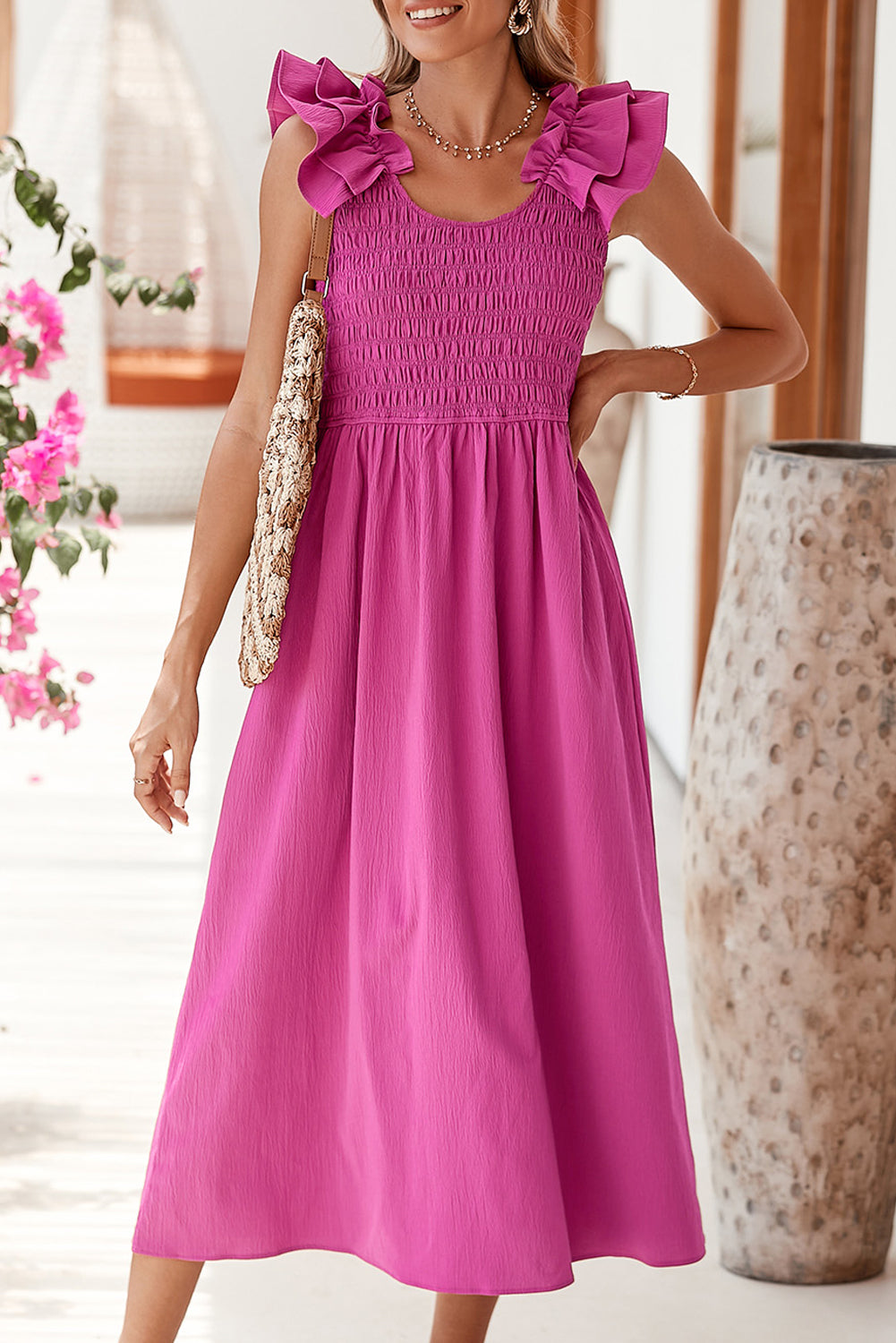 Ruffle Strap Smocked Midi Dress