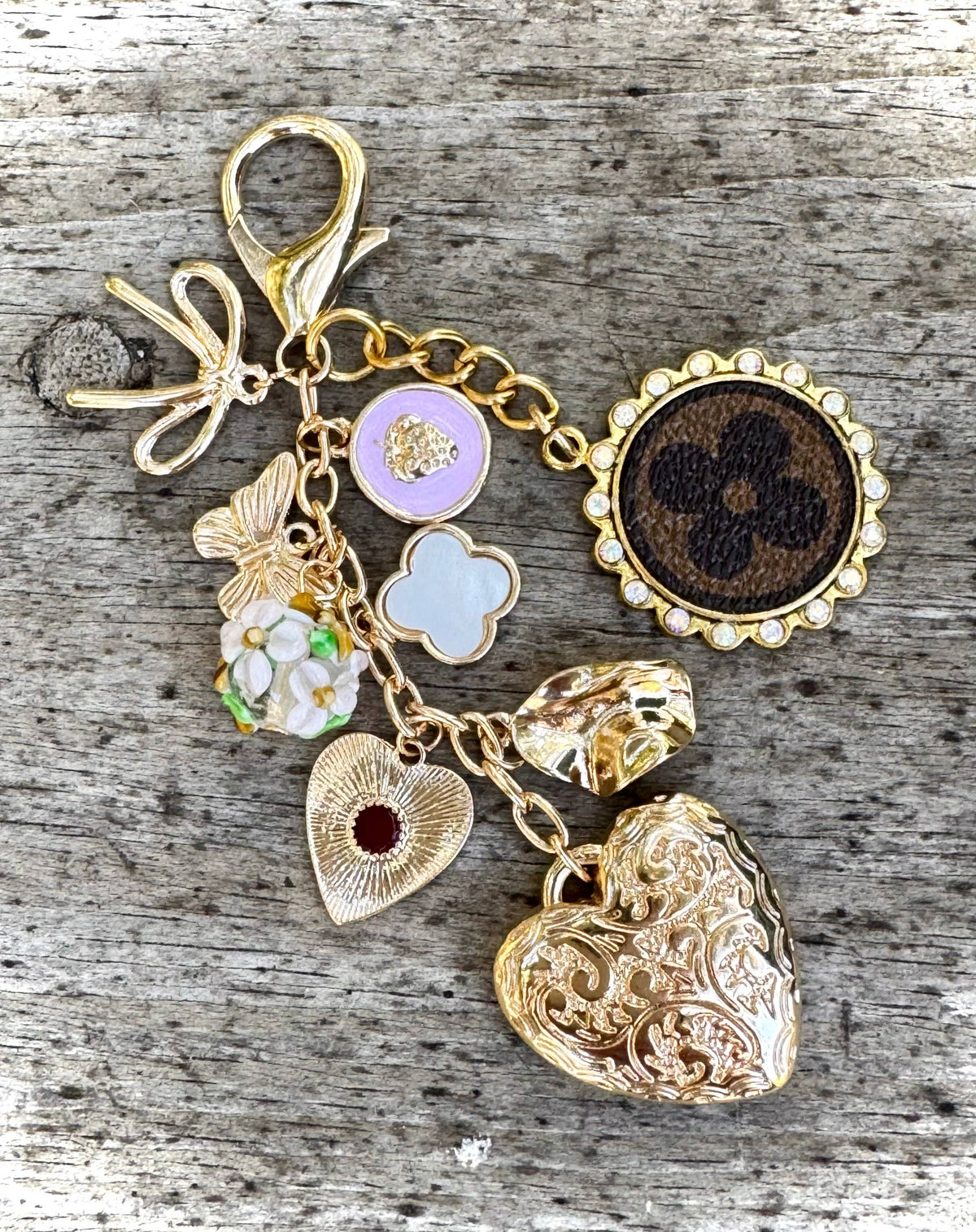 Upcycled LV Bag Charm Keychain Heart Western