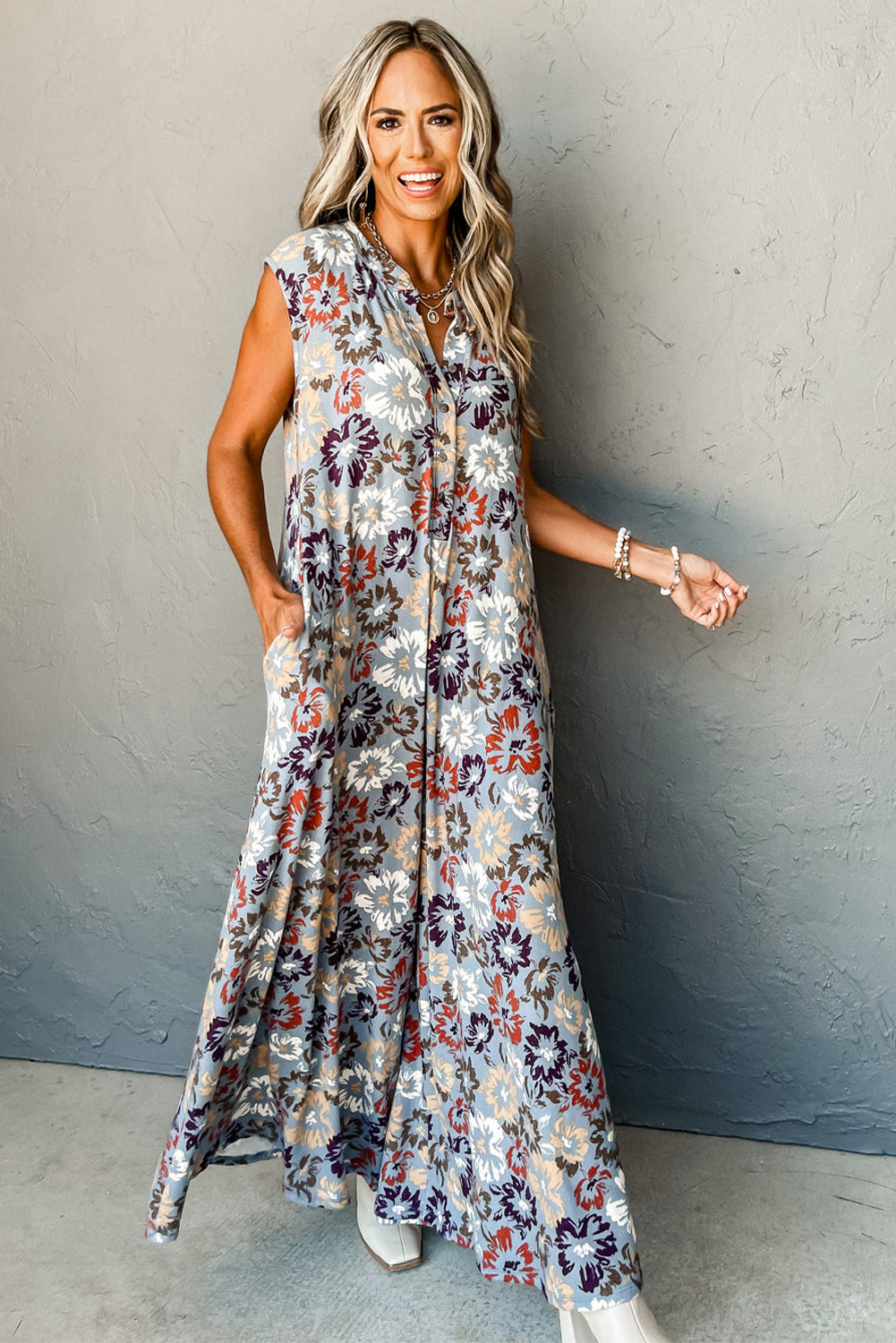 Floral Sleeveless Pocketed Wide Leg Jumpsuit