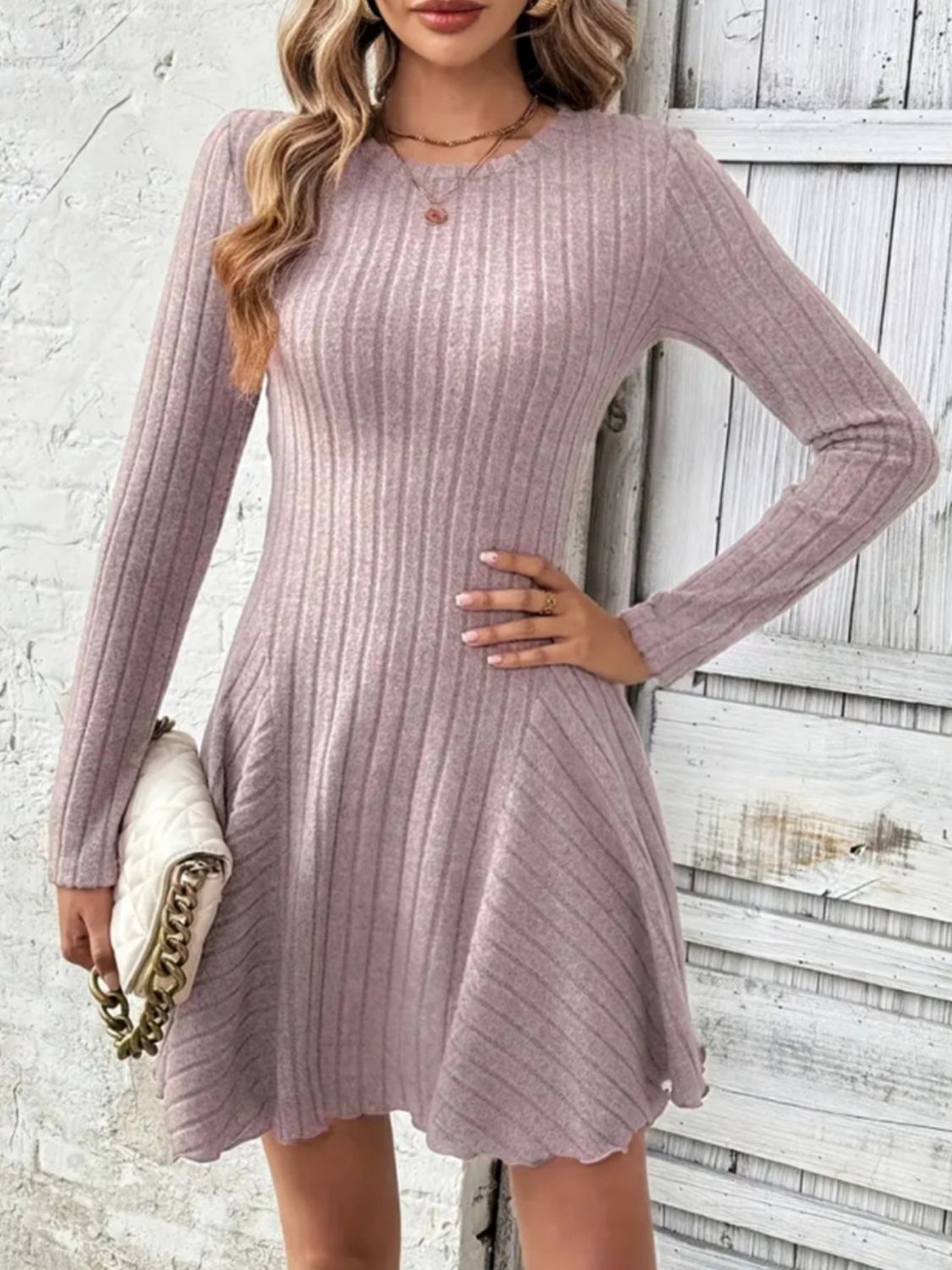 Dusty Pink Ribbed Round Neck Long Sleeve Mini Dress