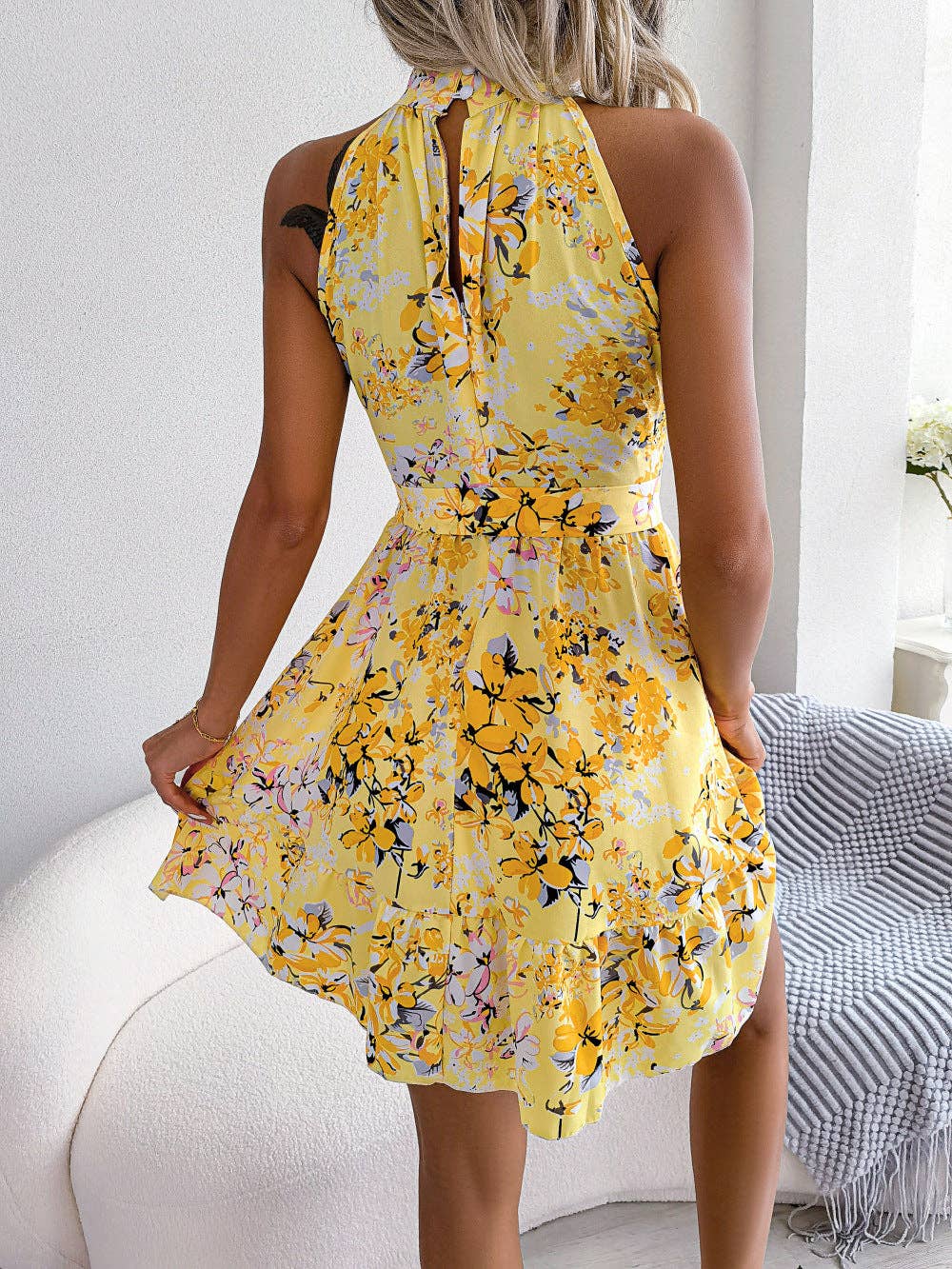 Halter Neck Floral Ruffle Dress