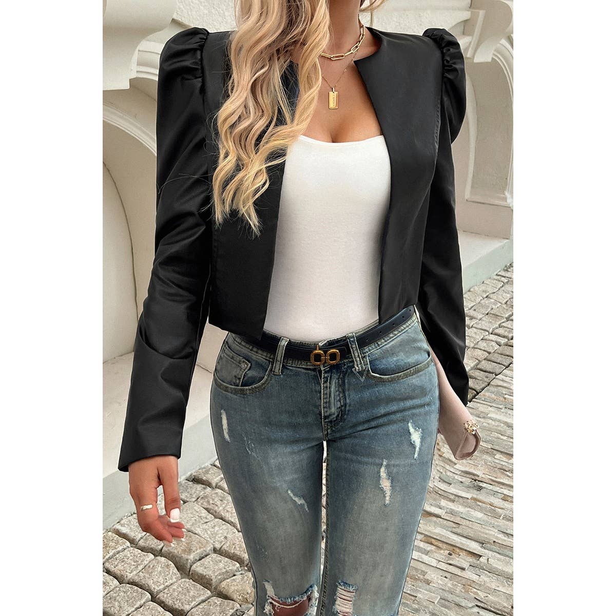 Solid Puff Sleeves Leather Cardigan Jacket