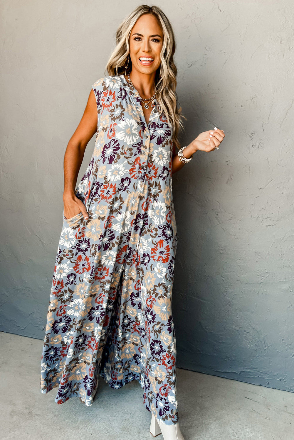 Floral Sleeveless Pocketed Wide Leg Jumpsuit