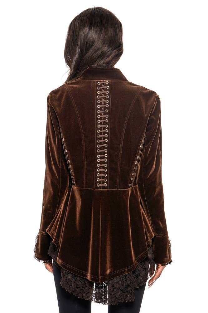 VELVET JACKET WITH LACE AND GROMENT TRIMMING