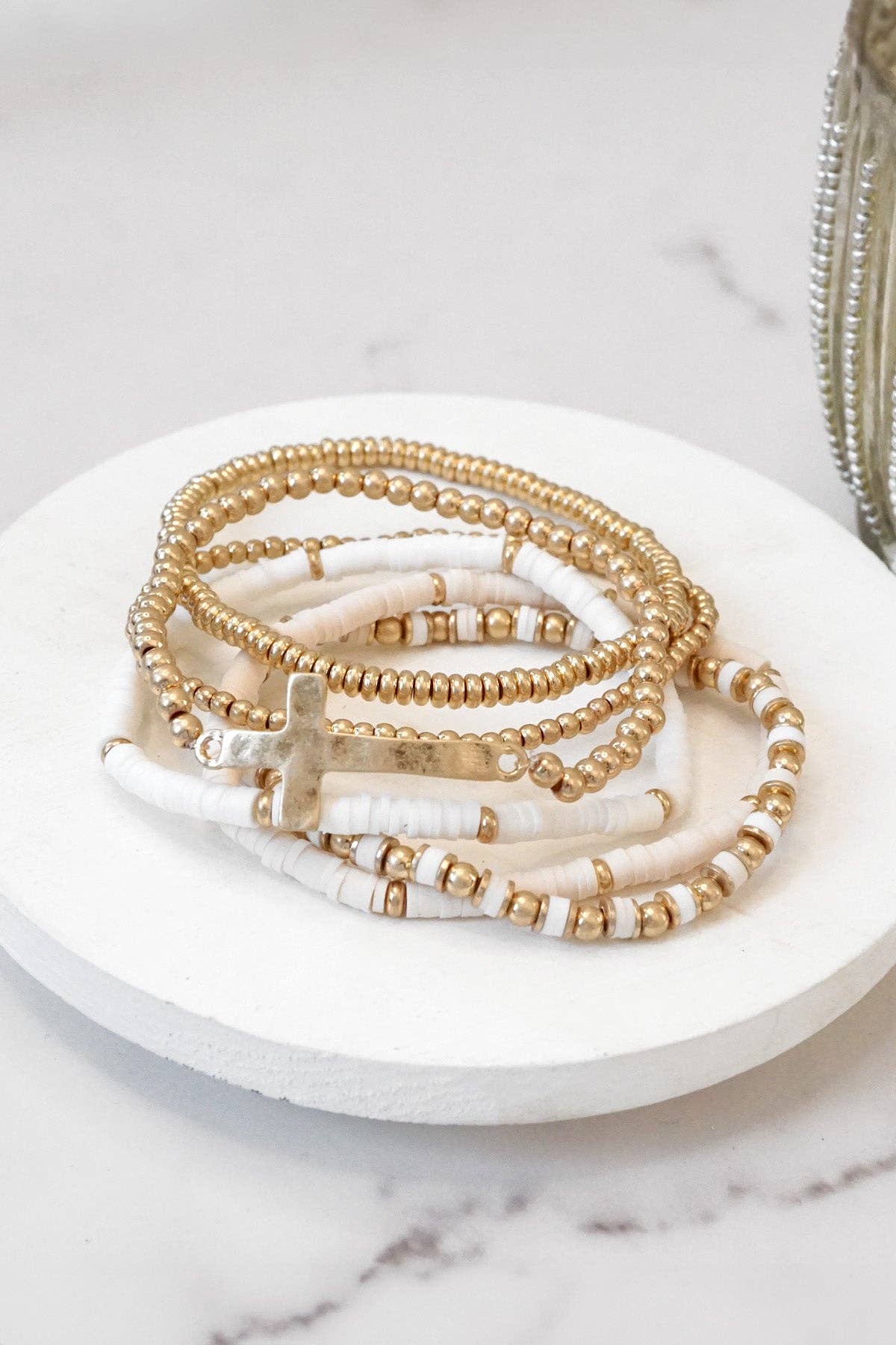 Sideways Cross Bracelet stack Clay and gold metal beads