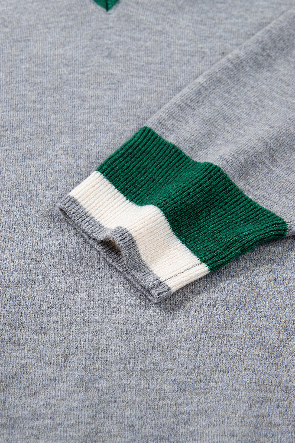 Dark Khaki Contrast Striped Trim V Neck Knit Sweater