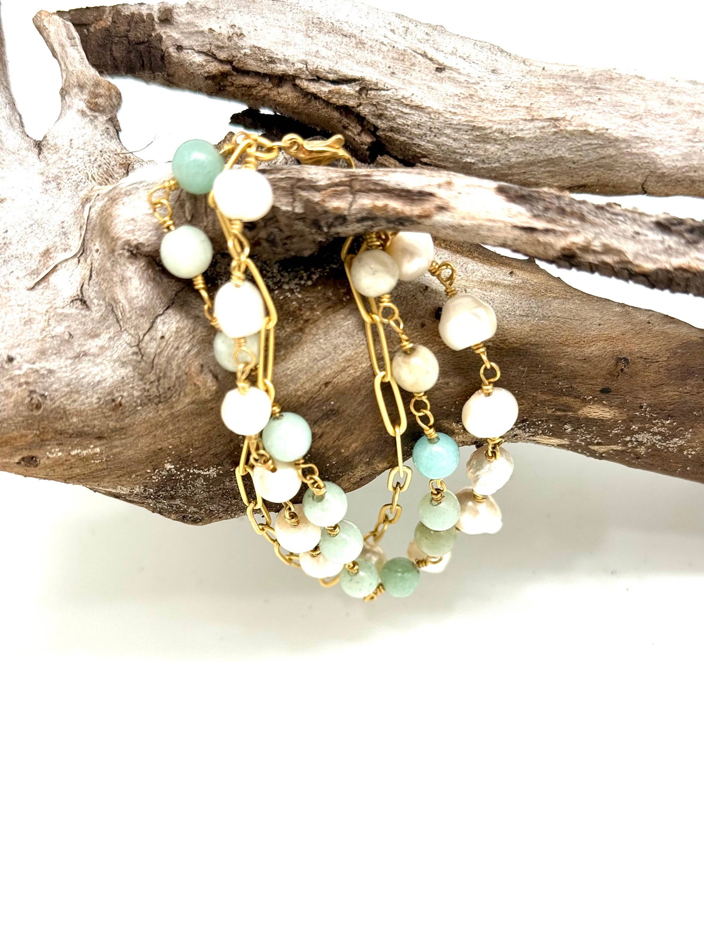 Bracelet Freshwater Pearl,Amazonite(6mm)Paper Clip 7”w/2”ext