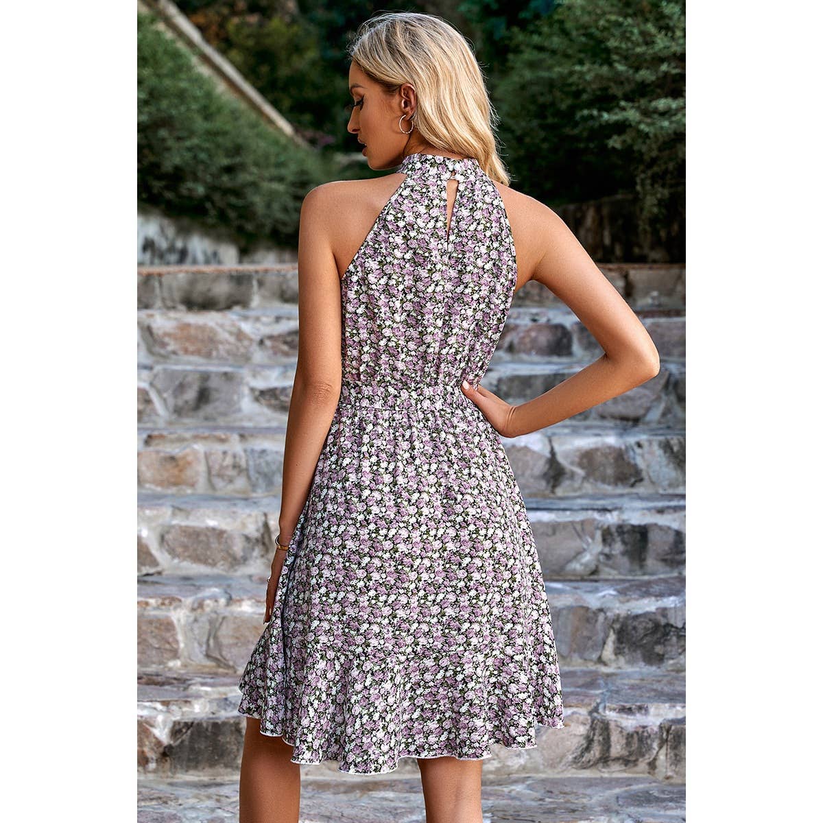 Floral Print Sleeveless Belt Cross Ruched Hem Dress