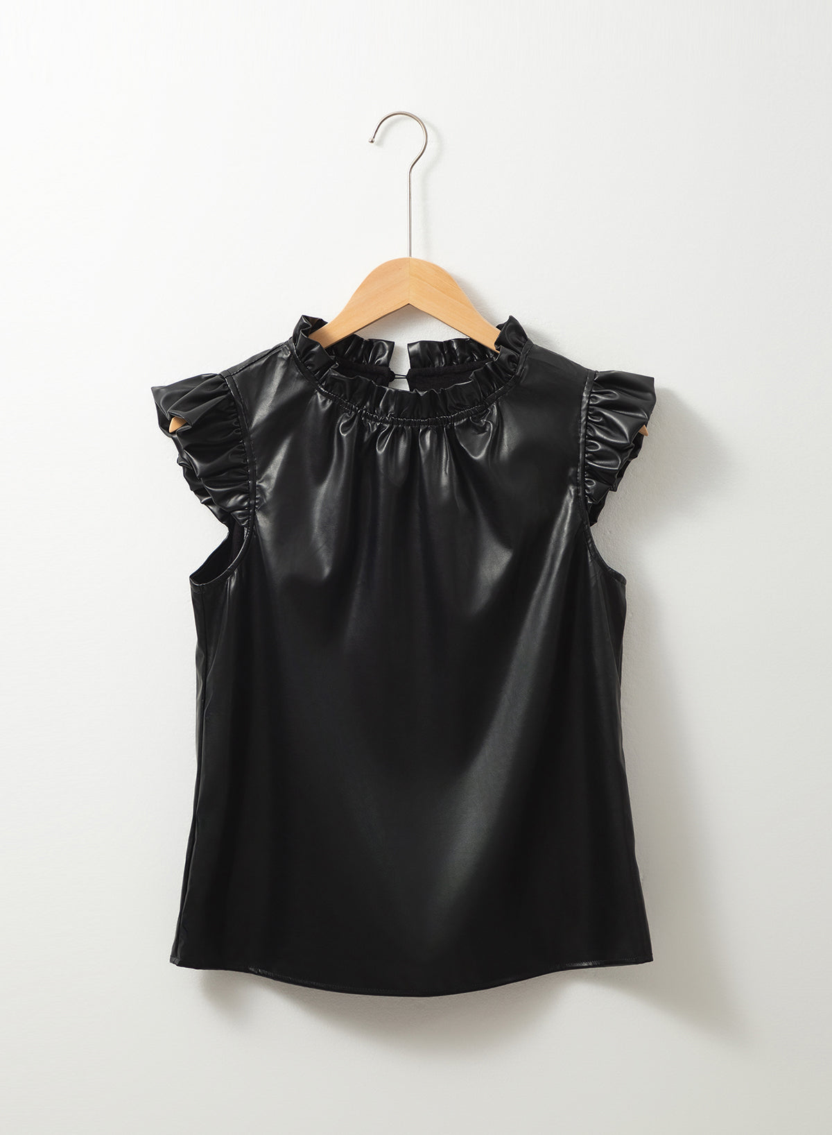 Solid Color Leather Frill Neck Ruffle Blouse
