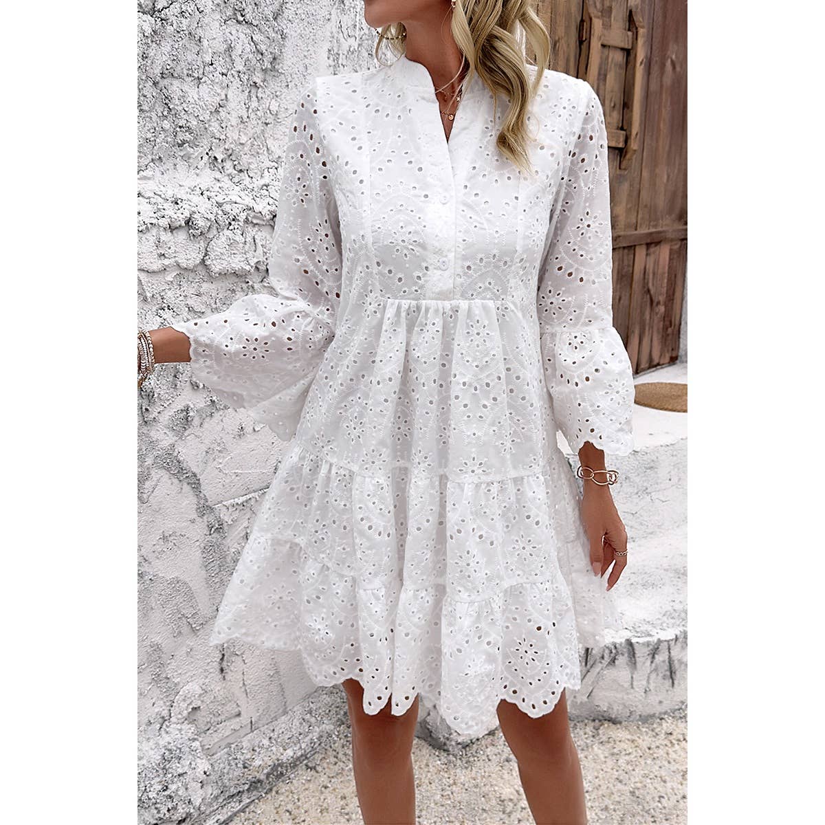 V Neck Button Flared Sleeves Hollow Out Lace Dress