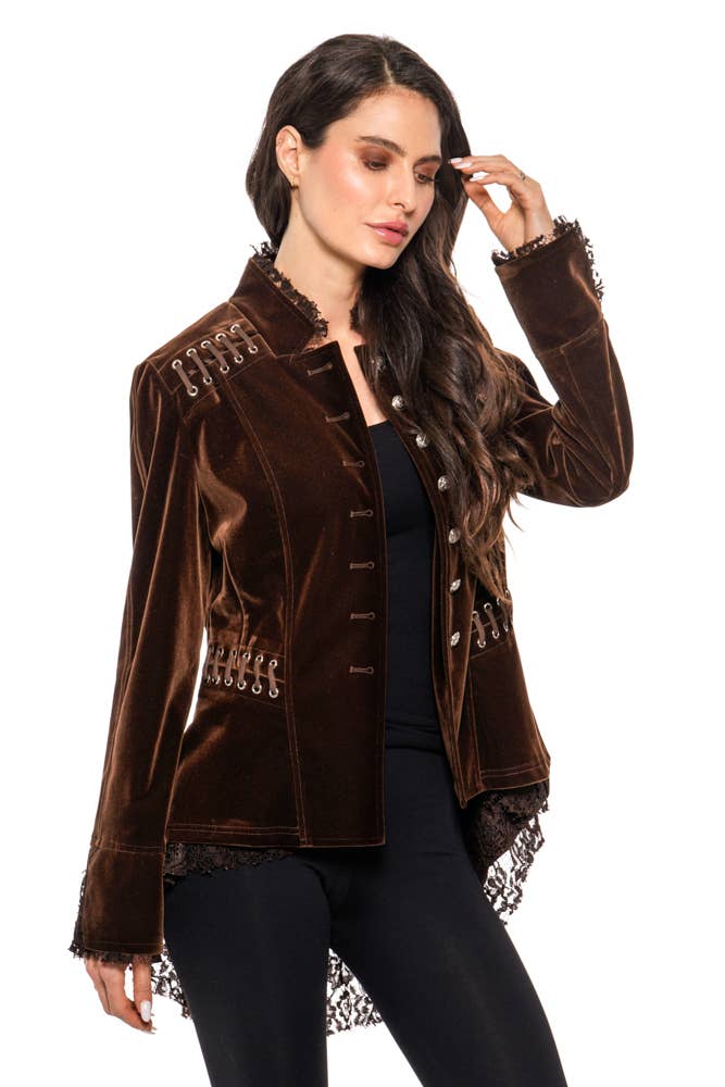 VELVET JACKET WITH LACE AND GROMENT TRIMMING