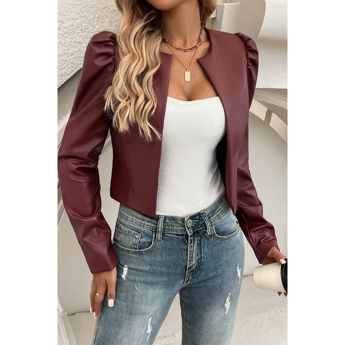 Solid Puff Sleeves Leather Cardigan Jacket