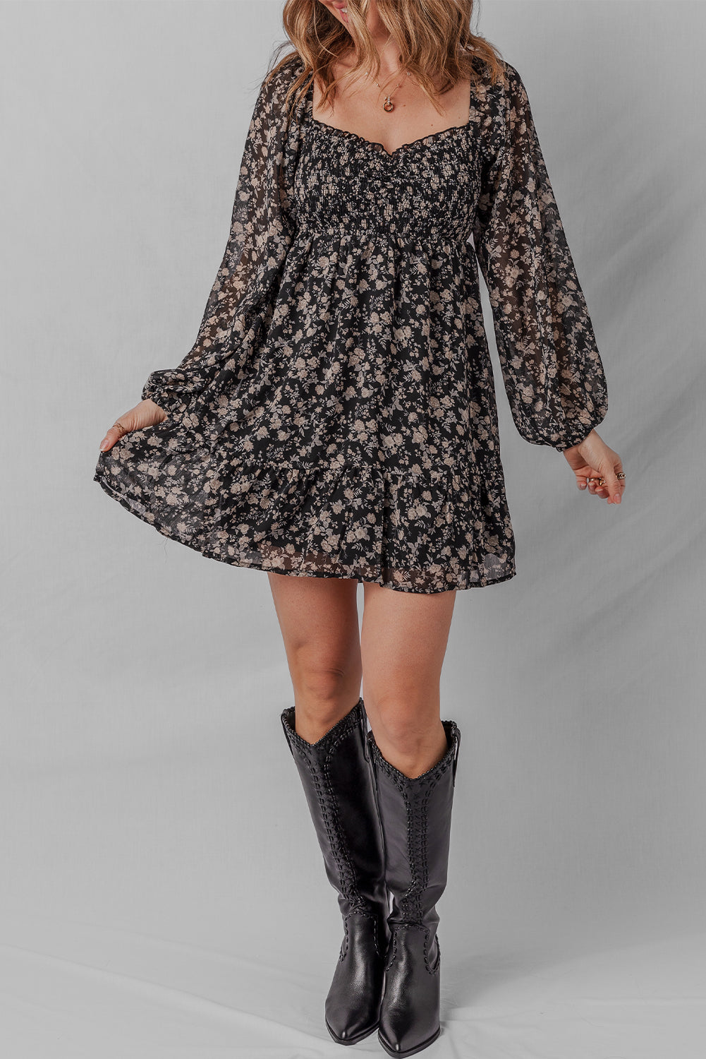 Black Floral Long Sleeve Frilly Shirred Square Neck Mini Dress