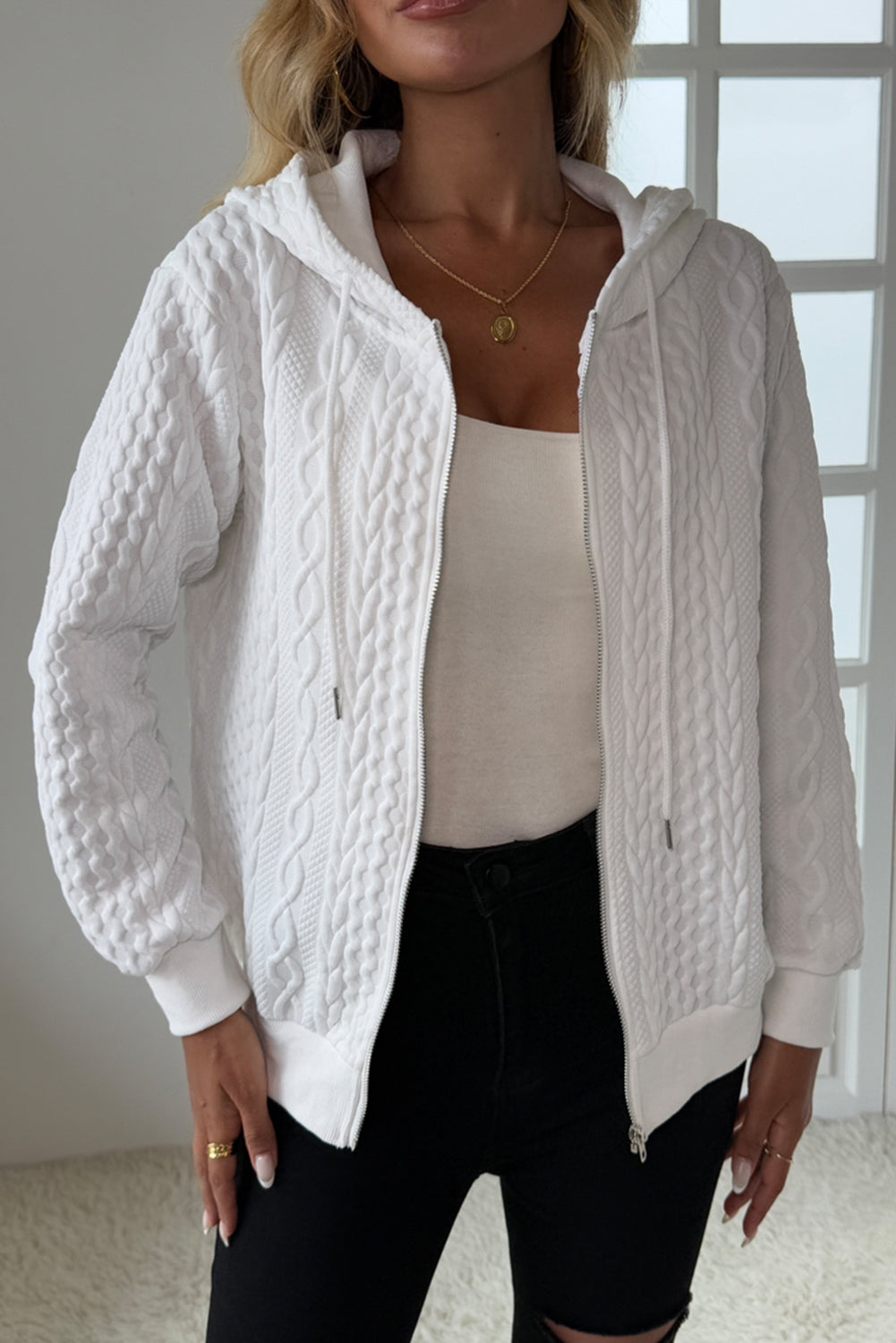 White Jacquard Zipper Hoodie