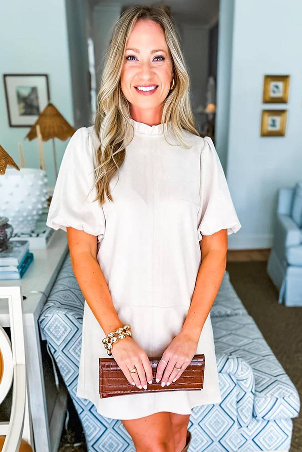 Moss Green Frill Neck Puff Sleeve Mini Dress