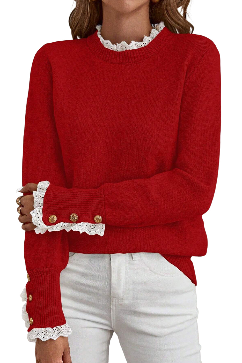 Sleet Lace Trim Patchwork Buttoned Cuffs Loose Sweater